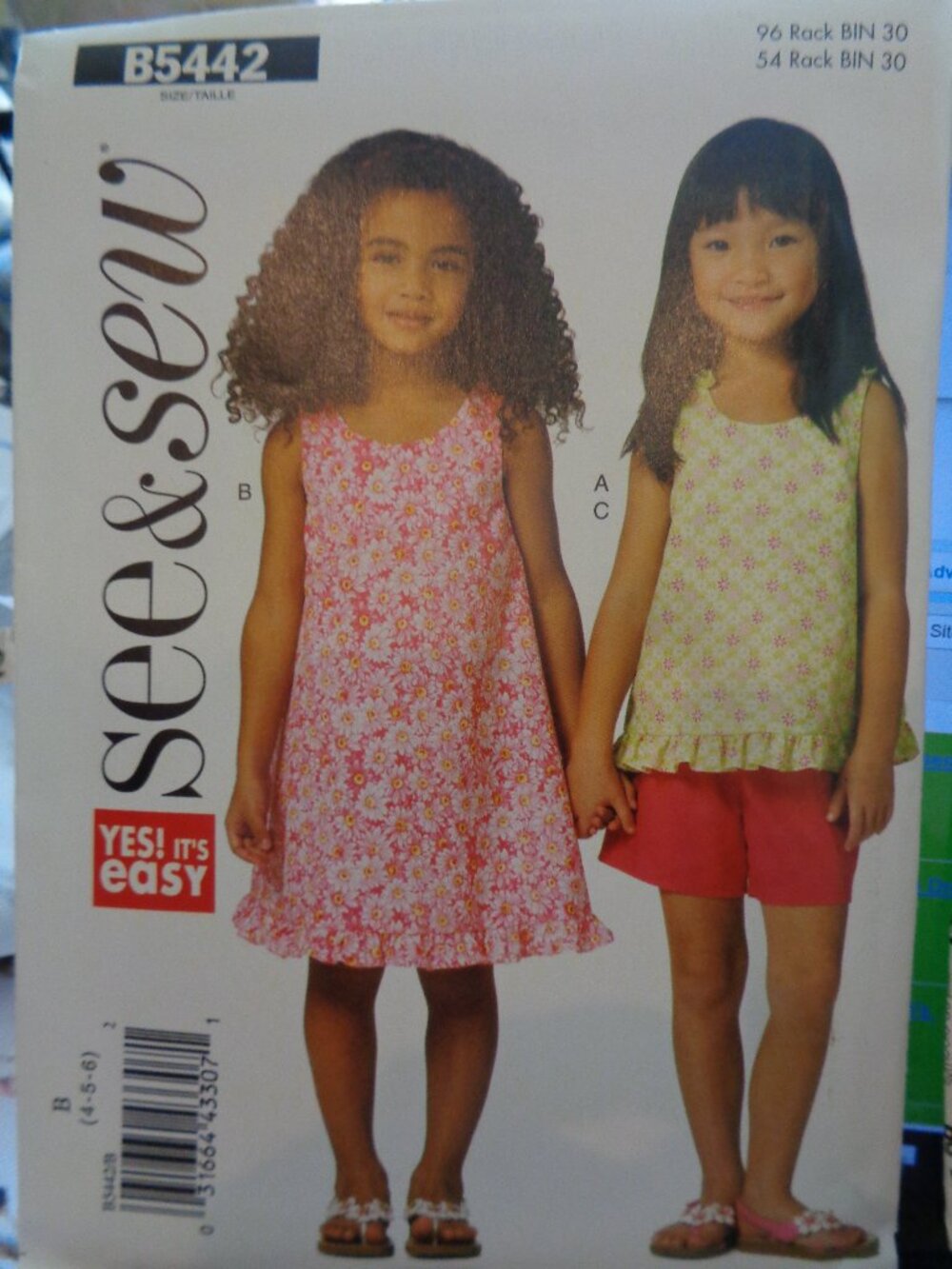 Butterick See & Sew Sewing Pattern B5442 Girl's Top Dress Shorts 4 5 6